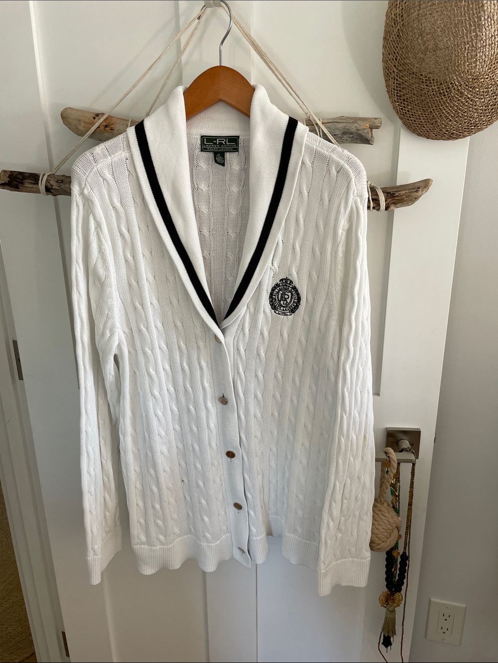 Ralph Lauren White Cable-Knit Shawl Collar Cardigan with Black Trim